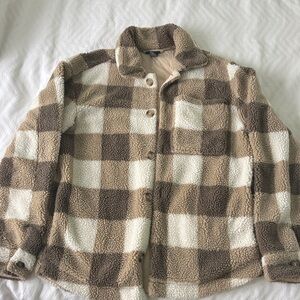 H&M Women's Checkered Sherpa Jacket - Brown and Cream